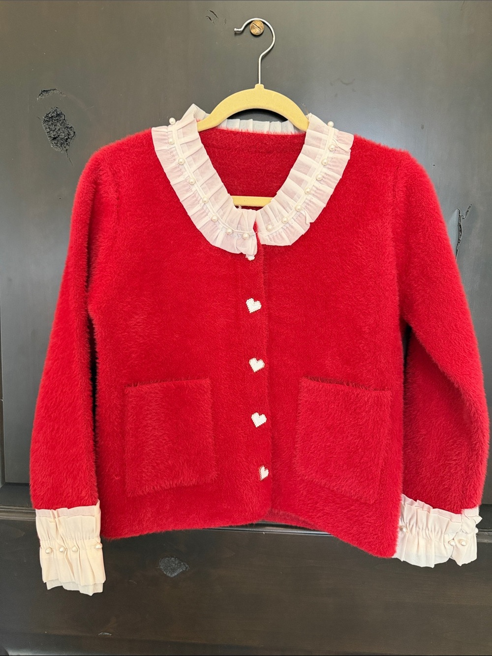High End Red Ruffled Collar Heart-Button Sweater Size Small - Picture 1 of 5
